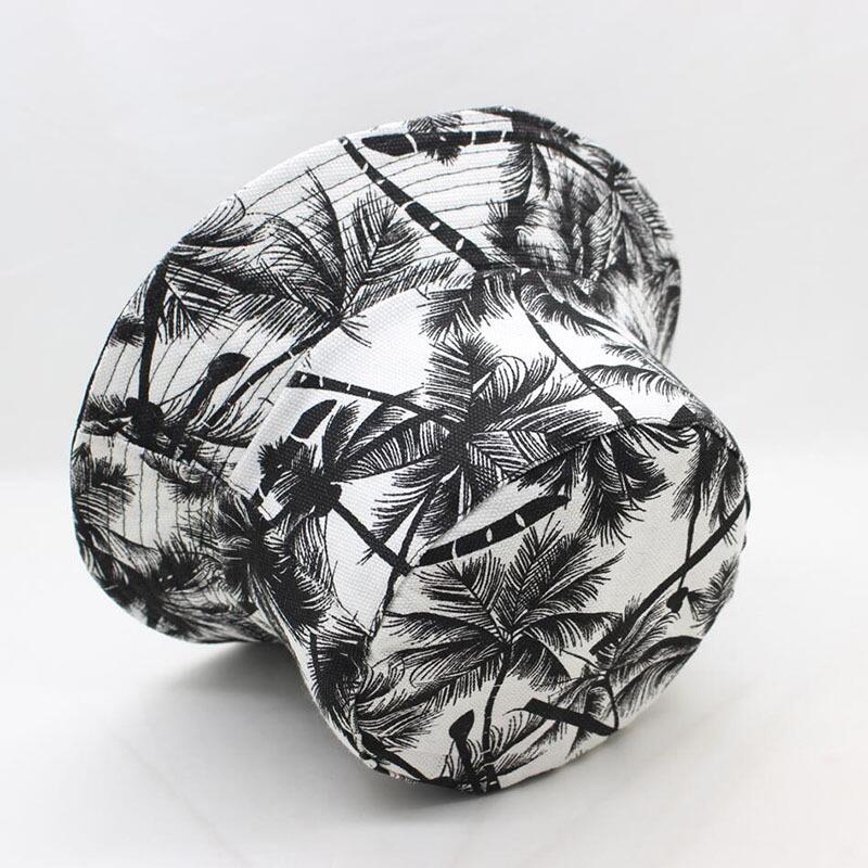 Unisex Summer Reversible Black White Coconut Tree Printed Fisherman Caps Bucket Hats Gorro Pescador Men Women