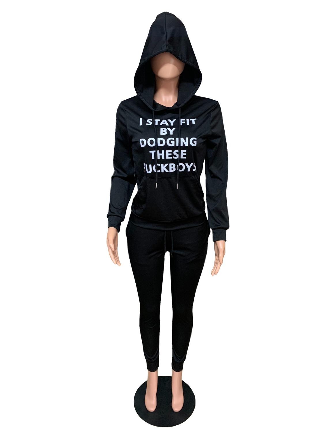 Women's Letter Print Hooded Sweatshirt & Pants Set - 2 Piece Casual Tracksuit Outfits