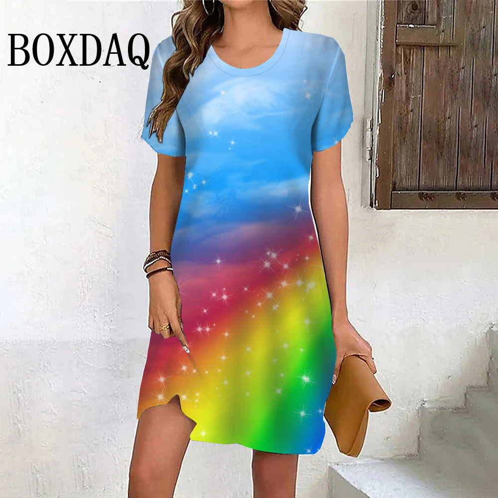 Rainbow Gradient 3D Print Women's Dress Summer Casual Sweet Short Sleeve Dress Streetwear Round Neck Mini Ladies Dresses: S / Beige