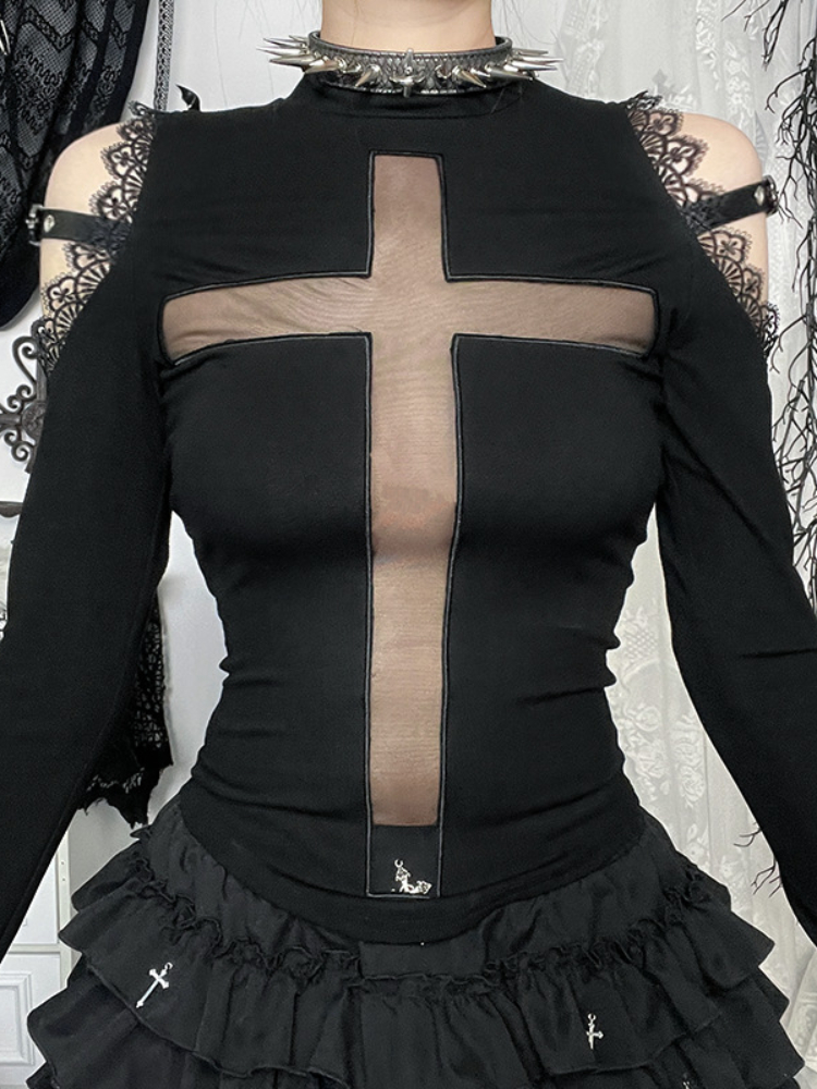 Gotisk t-shirt til kvinder streetwear harajuku fairycore grunge  y2k e-girl blonde patchwork krydsnet langærmet t-shirt