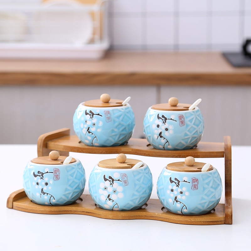 Garden bamboo stand upper layer ceramic glass seasoning can kitchen supplies box salt jars and lids