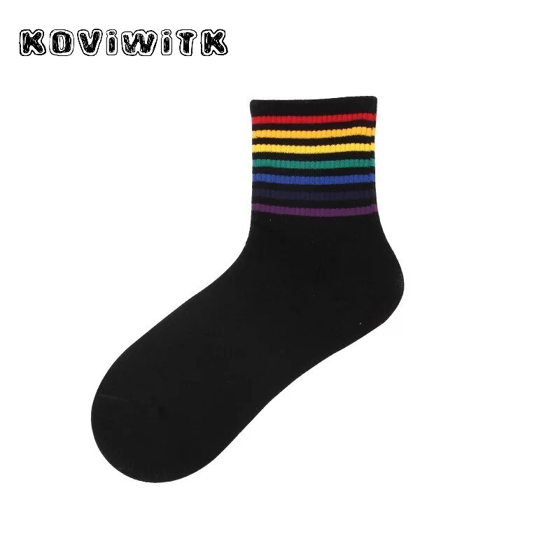 Vinter regnbåge randiga bomullsstrumpor för kvinnor svart/vit sport tjejer college stil strumpa trendiga vilda harajuku rolig konst varm sox: Svart remsa