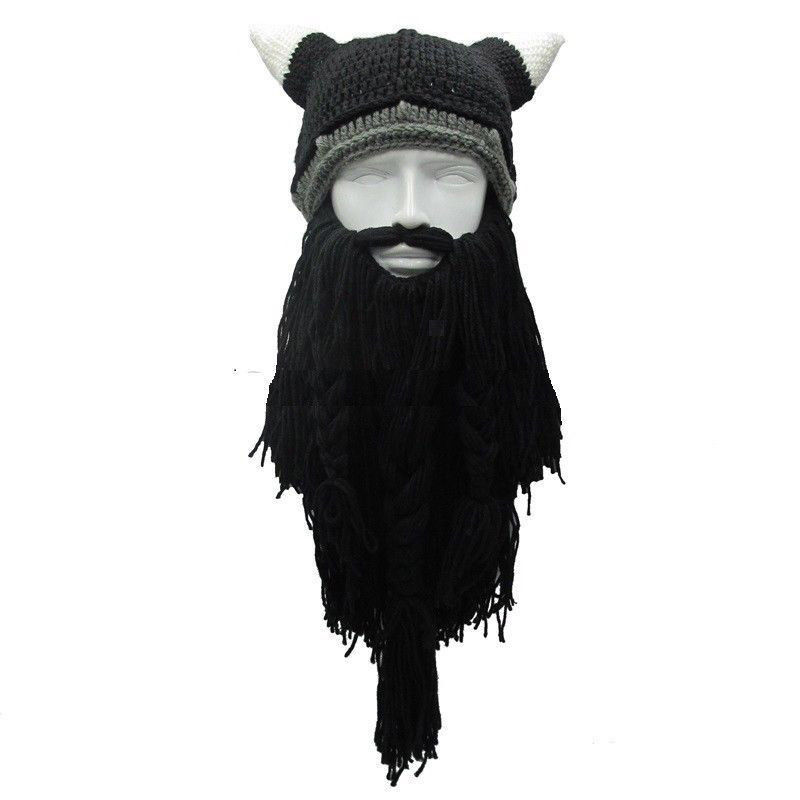 Men&#39;s Knit Viking Beard Horn Hat Crazy Ski Cap Barbarian Vagabond Beanie Halloween Winter Handmade Funny Hat + Beard