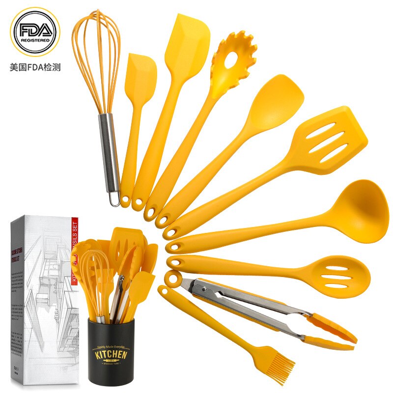 10PCS Food Grade Yellow Cooking Utensils Set Heat Resistant Non-Stick Cooking Utensils With Storage Box Silicone Kitchenware: Box with Barrel