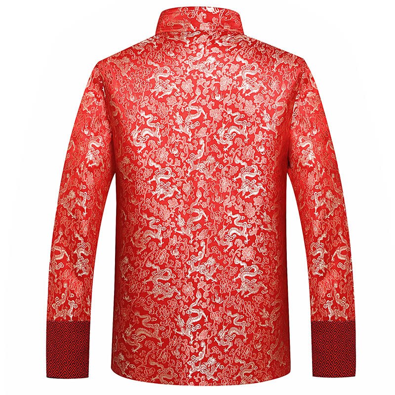 Rode Zijde Jas Mannen Herfst Draak Cheongsam Tops Plus Size 4XL Traditionele Chinese Kleding Tang Pak Bruiloft Jas