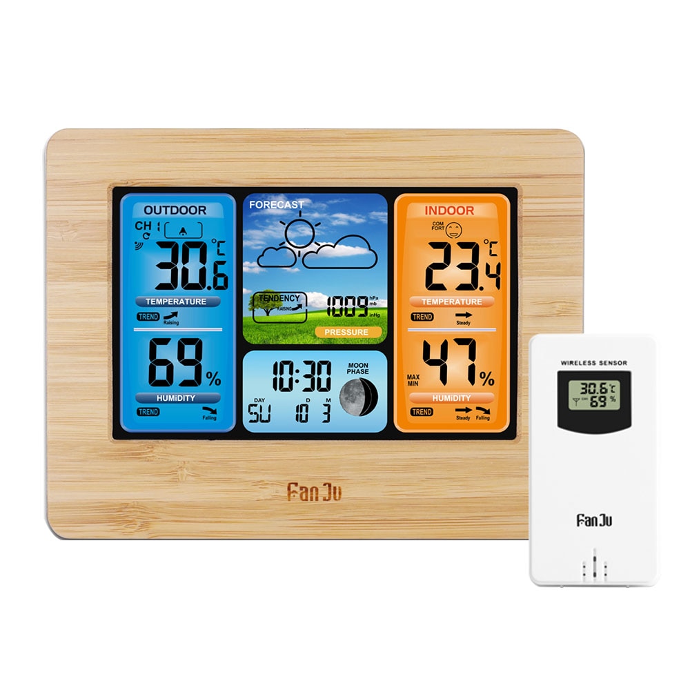 FJ3373 Wall Desk Alarm Clock Weather Station Digital Thermometer Hygrometer Wireless Sensor Forecast Temperature Watch