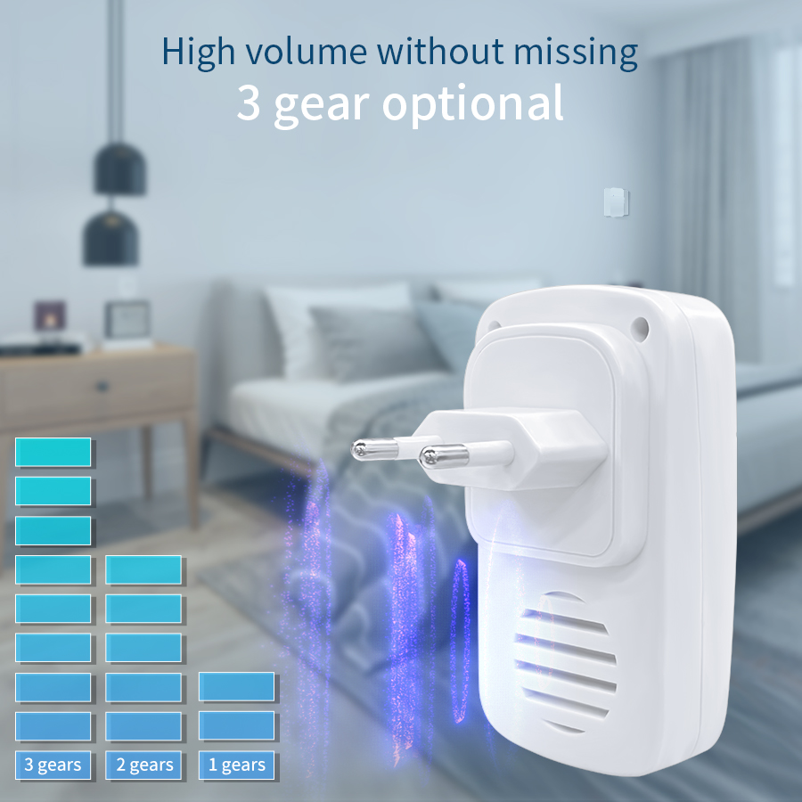 Timbre inalámbrico RF de 433MHz, Kit de timbre para casa, 100M de larga distancia, 38 tonos de llamada, timbre de puerta, enchufe europeo y estadounidense, botón receptor, Control remoto