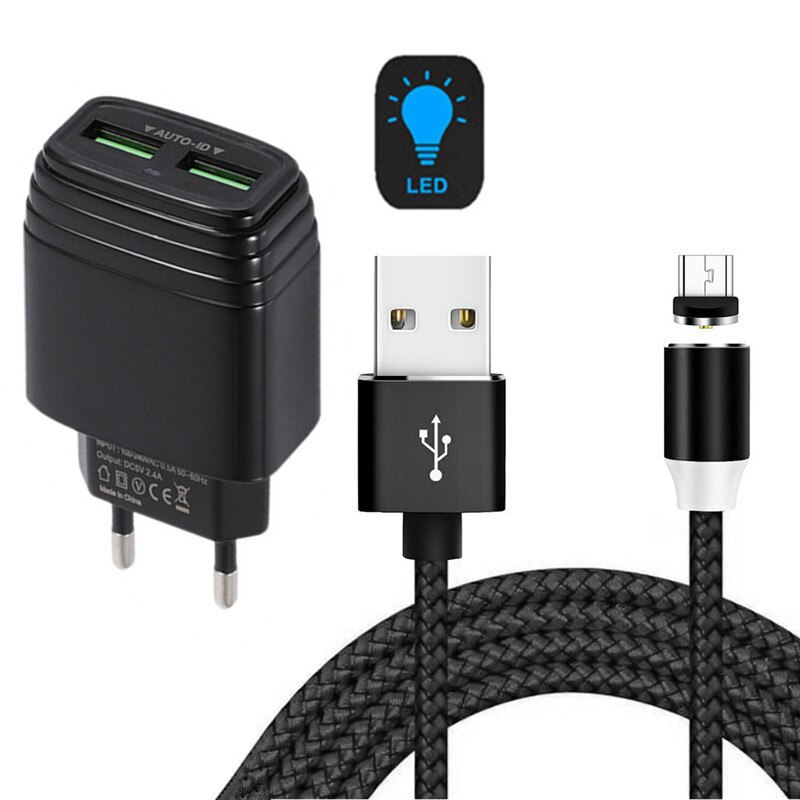 5V 2.4A USB Carregador de Parede Para Samsung Lenovo Meizu A10 M10 vivo U3x Umidigi 7A A5 PRÓ Redmi Telefone carga magnética Cabo Micro usb: Charger and 1M Cable