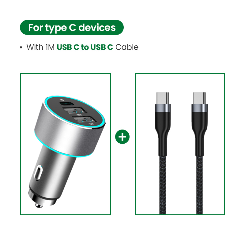 76w usb metal car charger,  qc 3,0 type-c pd quick charge 4,0 4,0 fast charging for iphone 12 11 , samsung 3,0 qc oneplus, huawei  p40.: Add 1m c to c cable