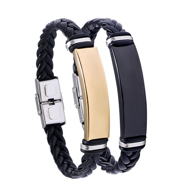Pulseira de couro trançada de aço inoxidável, pulseira para homens, placa polida, pulseira masculina, joias da amizade