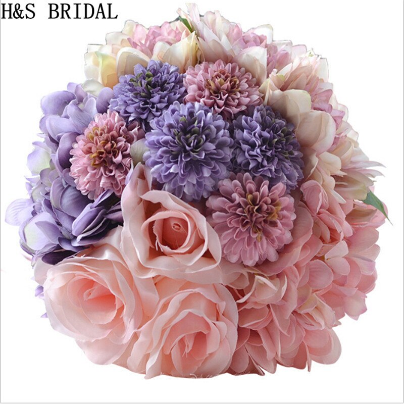 Mooie Paars Roze Kleur Bruids Bruidsmeisje Bloem bruidsboeket kunstbloem rose bruidsboeketten