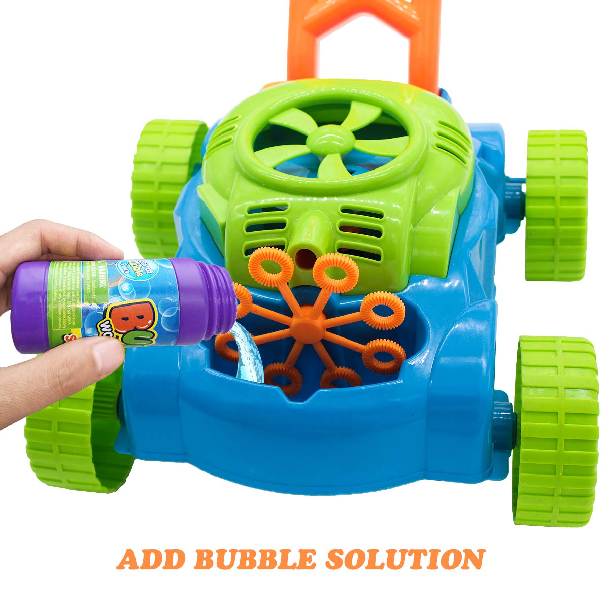 Mini coche de burbujas automático para niños, cortacésped de burbujas de 49cm, andador de sonido de juguete para exteriores, de cumpleaños, líquido casero