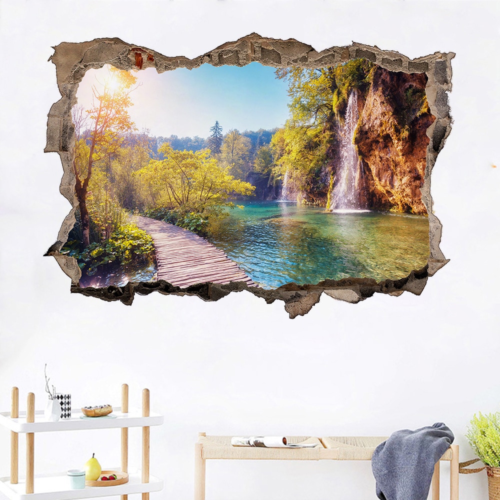 Pegatinas de puerta de paisaje Natural de montaña, pared rota 3D, Mural de vinilo, papel pintado con paisaje