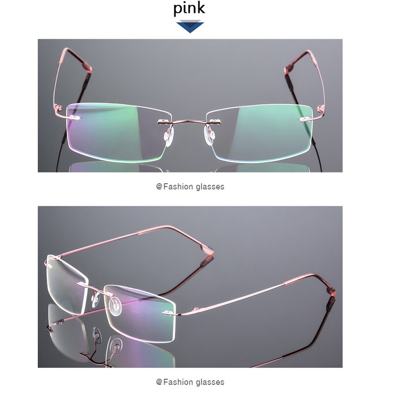 Anti-blåt lys foldende kantløse briller optiske briller mand firkantet rustfrit stål letvægts hukommelse titanium spektakel: Lyserød