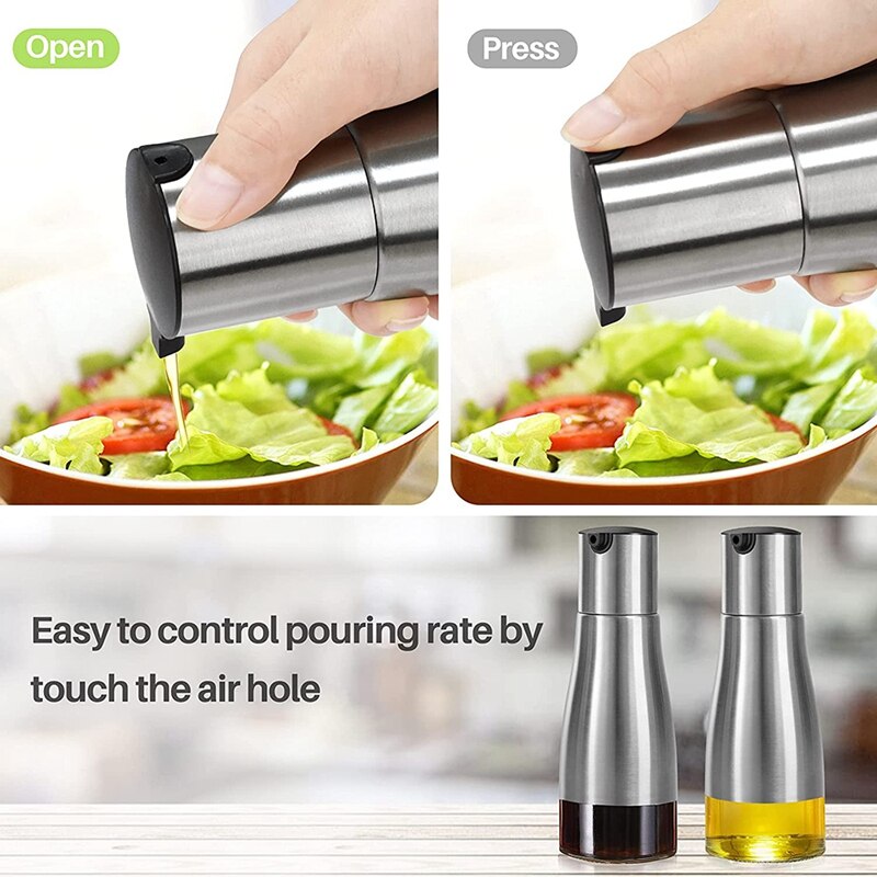 2Pcs Olive Oil Bottle Dispenser Set, Oil Dispenser Cruet Set, Stainless Steel Olive Oil Dispenser Glass Bottle