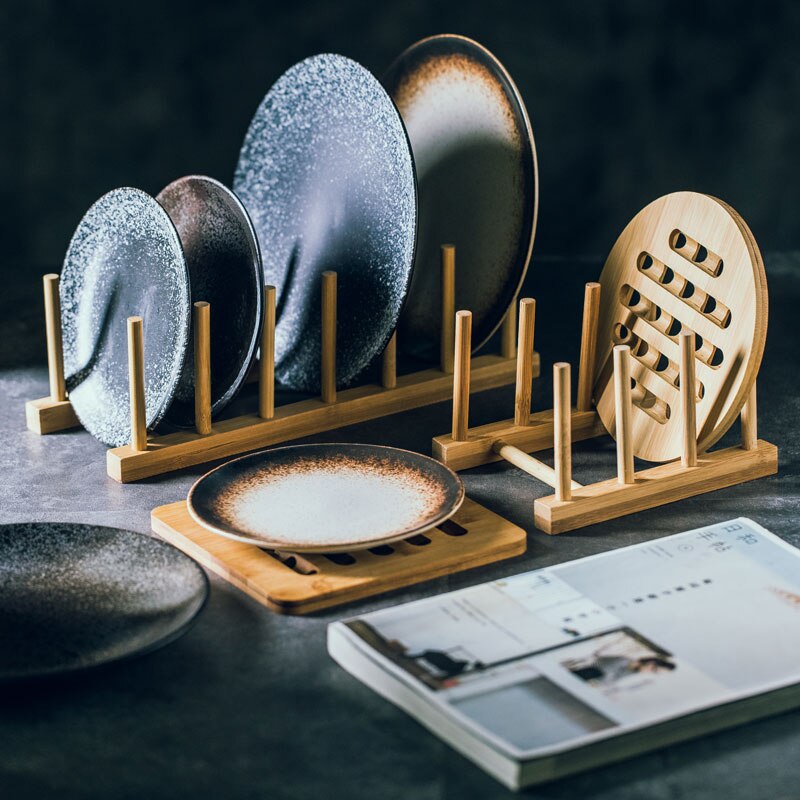 Bamboo Wooden Drainage Dish Rack Kitchen Storage Plates Holder Cabinet Organizer Pot Lid Cutting Board Drying Shelf