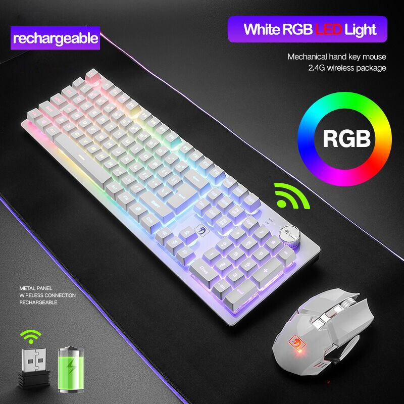 Teclado inalámbrico de 2,4G para videojuegos, periférico con sensación mecánica, retroiluminado RGB, ratón inalámbrico de 2400dpi, Pc, Gamer, teclado Punk: RGB White