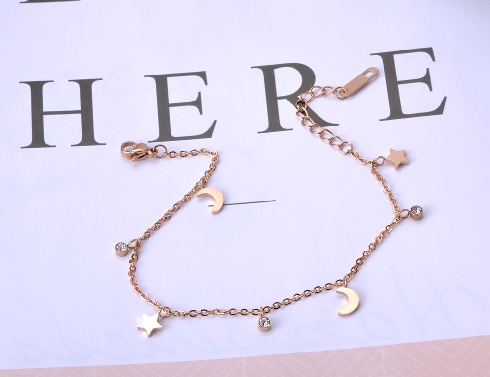 JeeMango Trendy Bracelet Moon & Star & CZ Crystals Rose Gold Color Stainless Steel Bracelet Link Chain Christmas JB18186