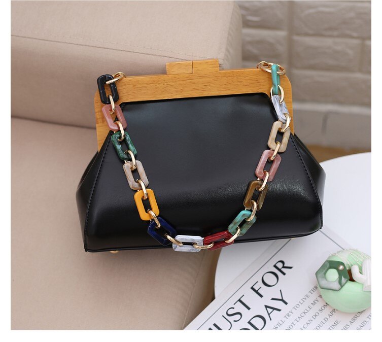 Petit sac à main pour femmes, nouvelle version coréenne de tendance, pince en bois native avec chaîne en jade: Black