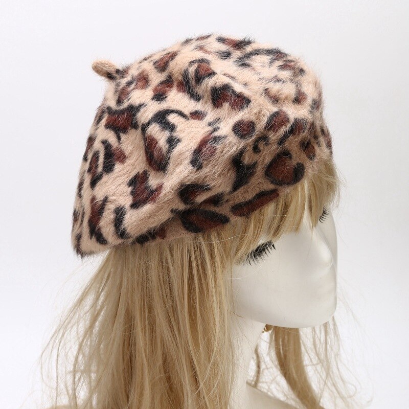 Boinas de leopardo con pelo de conejo peludo para mujer, sombreros de punto con estampado de animales, cálidos y acogedores, novedad, , invierno,