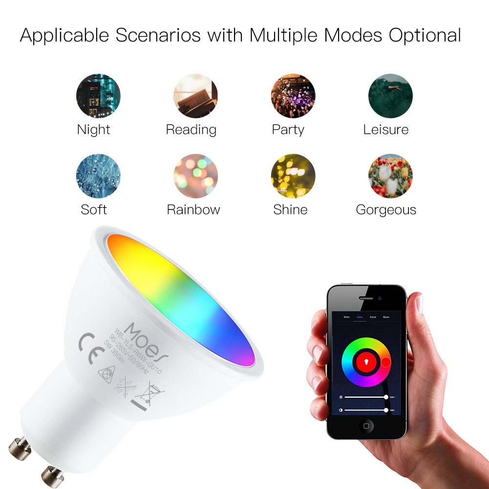 Moes tuya  gu10 wifi smart lys led pærer rgbcw 5w dæmpbare lamper smart life fjernbetjening arbejde med alexa google home
