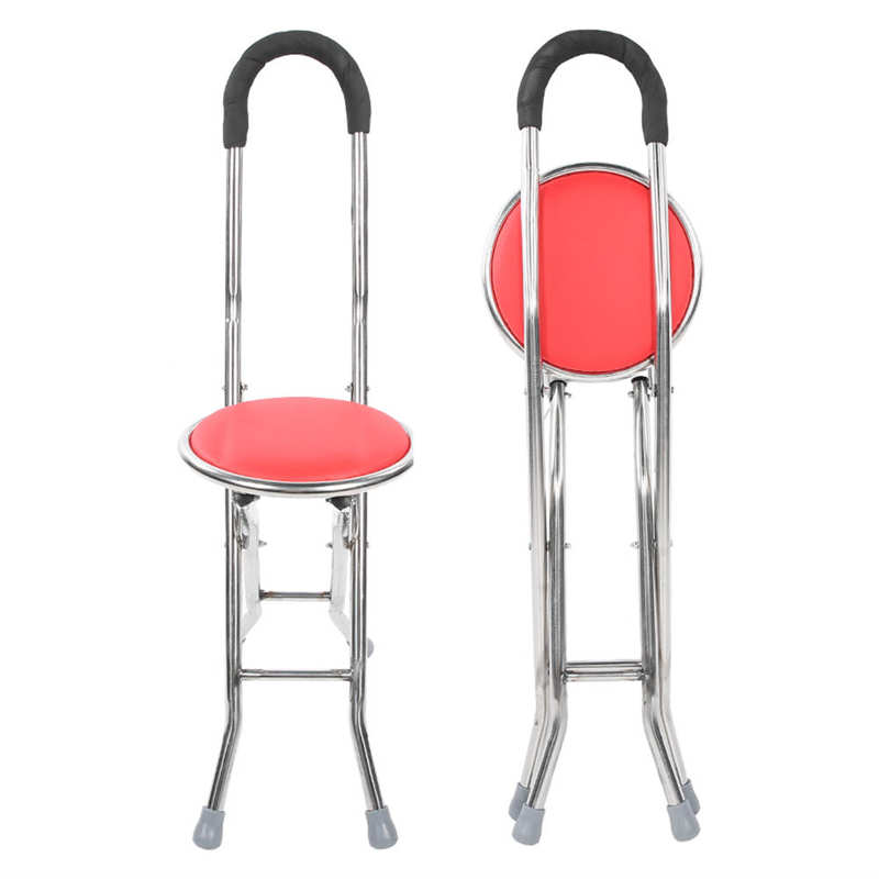 Non-Slip Folding Walking Cane Stool 1mm Thickness Stainless Steel Round Stool Elderly Walking Cane Red Mobility Aids