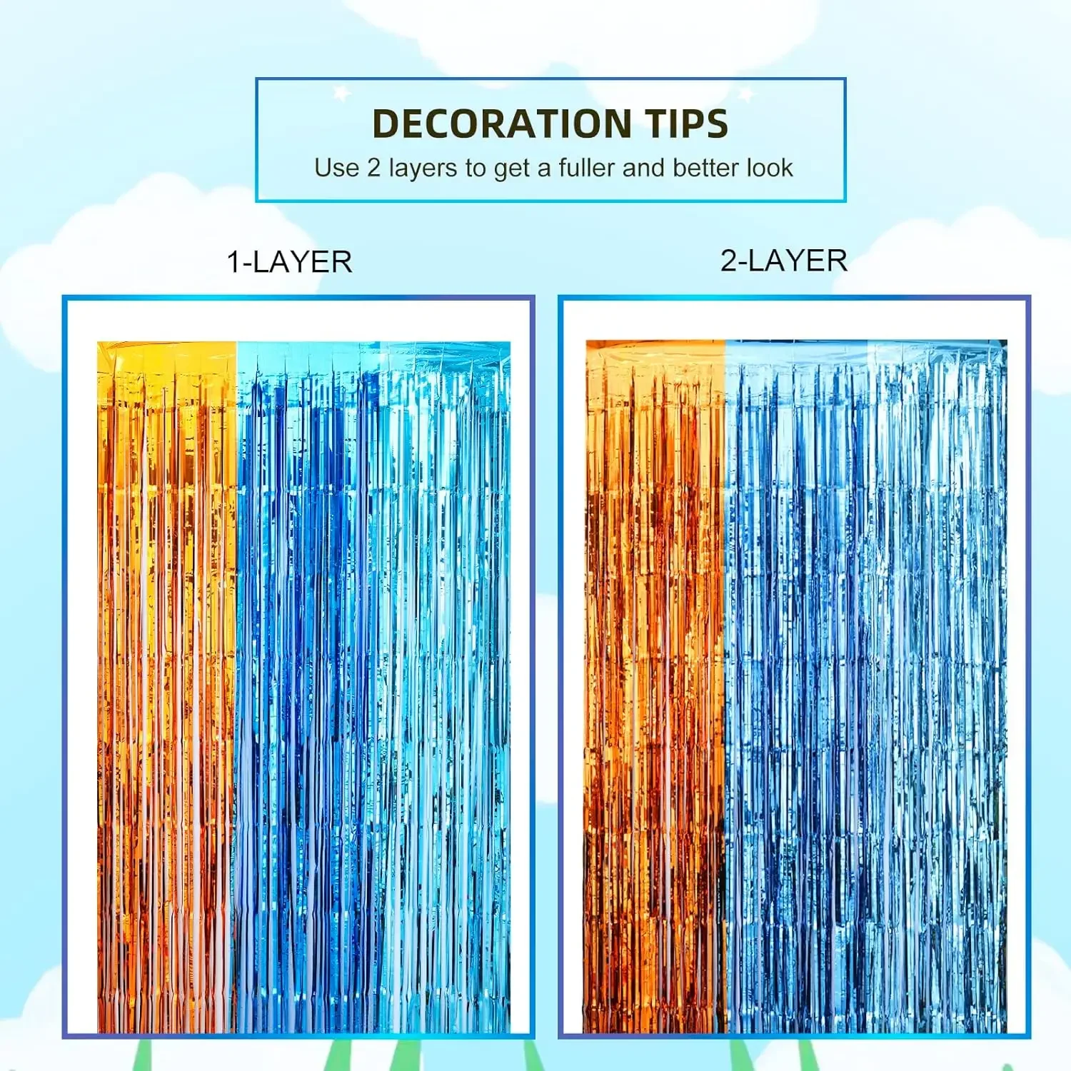 Cortinas con flecos de aluminio para perro, suministros para de cumpleaños, telón de fondo para tema de sirena bajo el mar, decoración de de revelación de género, color naranja y azul