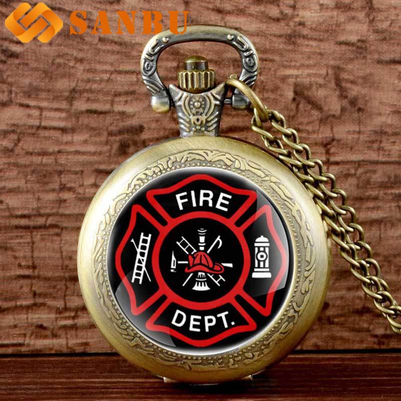 Vintage amerikanske brandmænd kontrol glas cabochon kvarts lommeur sort halskæde vedhæng ure: Bronze