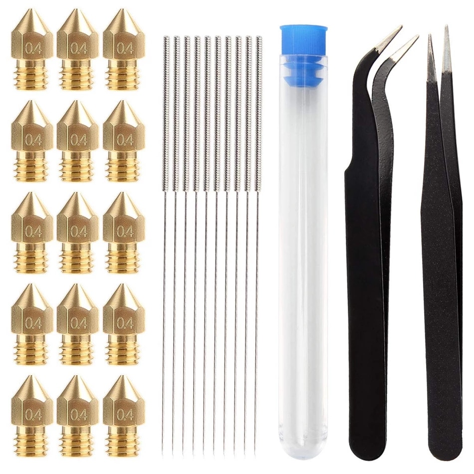 1 jeu 0.4MM MK8 buse 15 buses extrudeuse 10 aiguilles de nettoyage 2 pinces à épiler 1 boîte de rangement transparente pour Makerbot CR-10 M6 fil