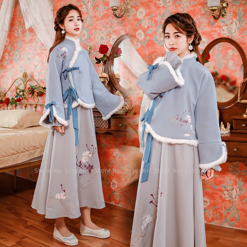 Lady Chinese Style Hanfu Sets Women Qipao Dresses Traditional Oriental Clothing Retro Warm Cheongsam Tang Suit