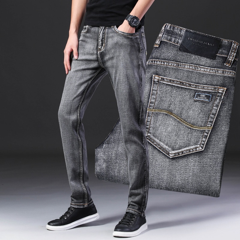 classic casual thin jeans soft summer thin section Elastic Denim trousers Brand Grey Pants