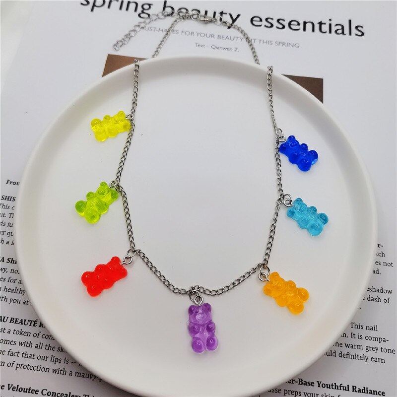 Regenboog Leuke Jelly Beer Gummy Kettingen Voor Vrouwen Meisjes Punk Hip Hop Hars Rvs Ketting Kettingen Accessoires