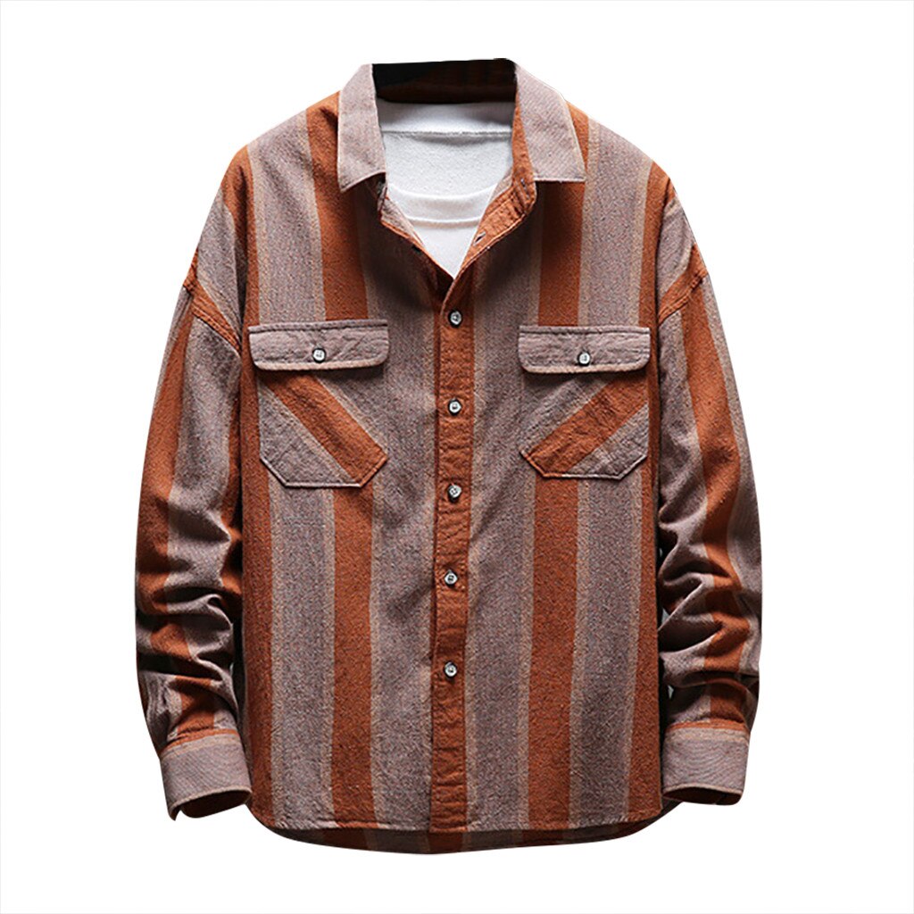 Men's Casual Stripe Printing Loose Removable Long Sleeve Blouse products Spring summer Spot supplier Dropsh: Khaki / M