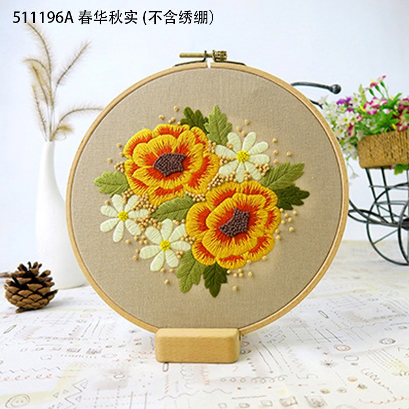 Broderi blomster materiale pakke gør det selv broderi kit til begyndere bambus bøjle håndlavet korssting syudstyr broderie: 511196a