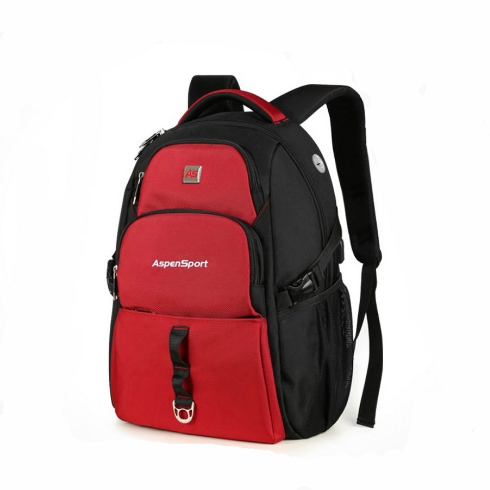 AspenSport School Backpack with USB Charging Port Travel Rucksacks Male Water Resistant Bag Fit Under 17 Inch Laptop: Red / 15 Inches