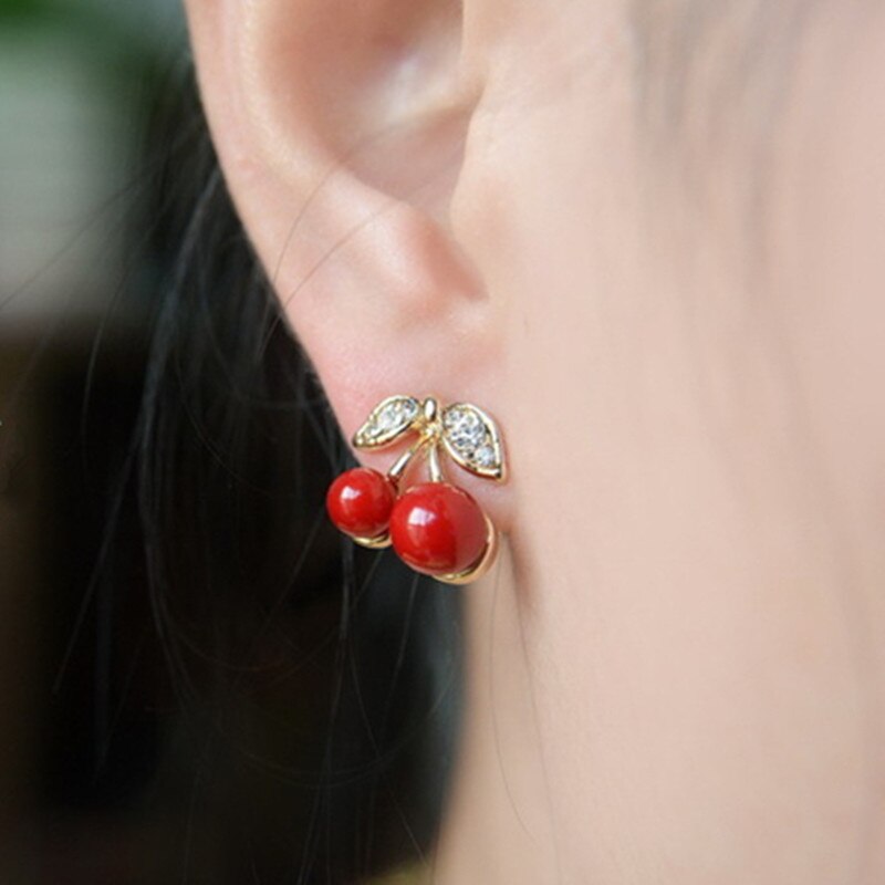 Neue Niedlich SchöNe rot Kirsche Ohrringe Strass Blatt Perle Zucht Ohrringe Für Frau Schmuck Boucle D'oreille