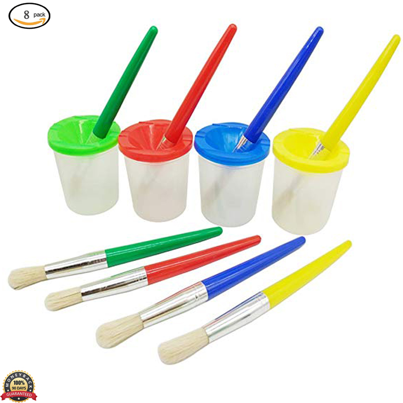 Tazas de pintura sin derrames para niños con tapas de colores conjunto de brochas redondas grandes con mangos de plástico tazas de pintura a prueba de derrames pintura pinceles