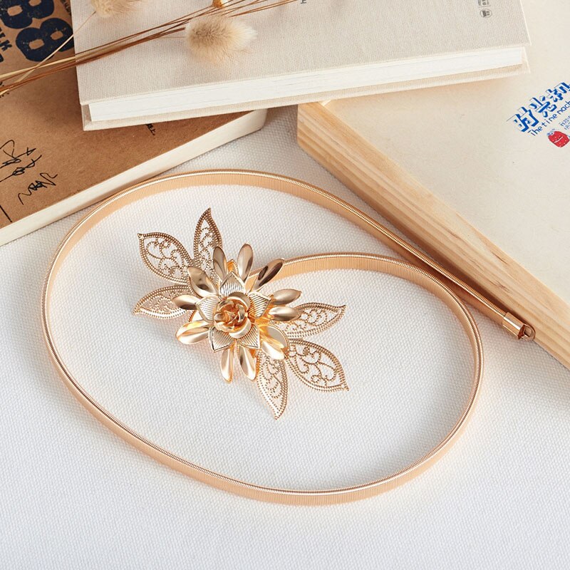 Ceinture avec boucle métallique élastique pour femmes, tenue avec chaîne or/argent, feuilles de fleurs: style 4 big flower