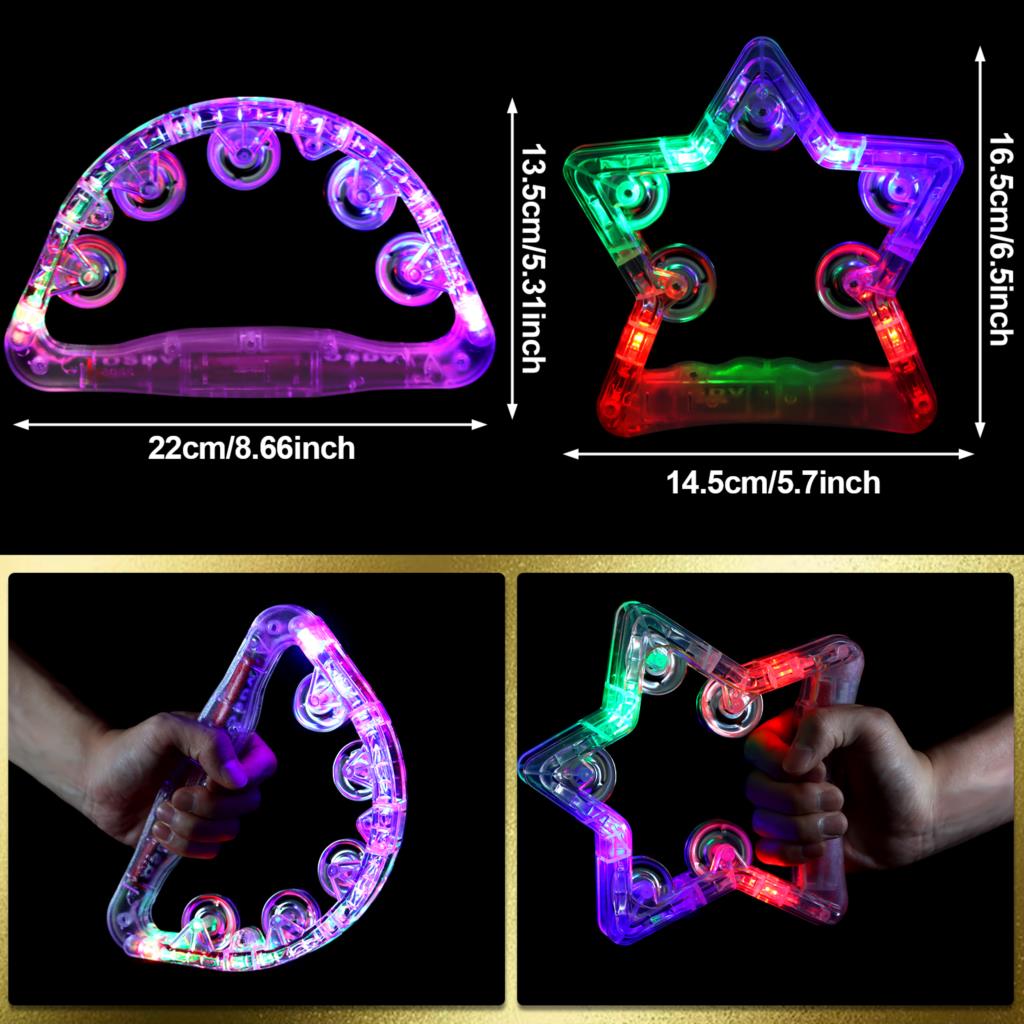 4 PCS Light Up Tambourines Handheld LED Tambourine Half-Moon Star Shape Glow