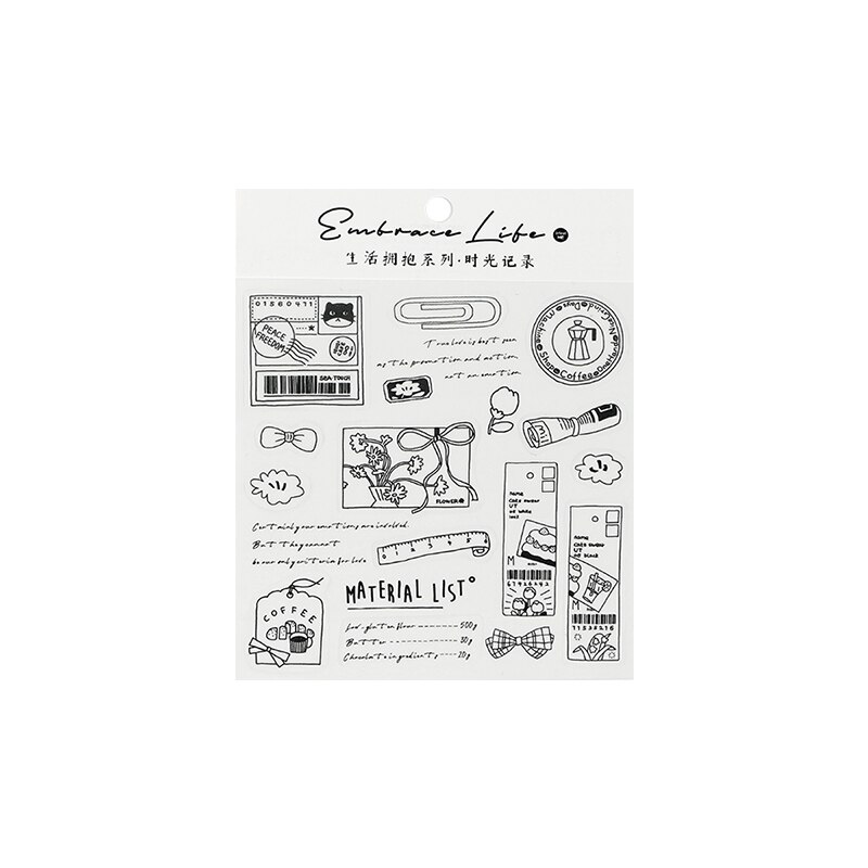 2 Sheets/pack Cute Black White Life Embrace Series Stickers Kawaii DIY Scrapbooking Diary PVC Deco Sticker Stationery Sticker
