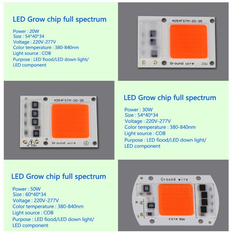 20W 30W 50W COB LED Grow Light Chip AC 220V Full Spectrum Phyto Lamp 280nm-840nm Plant Seedling Flowers Growth Lamp Beads