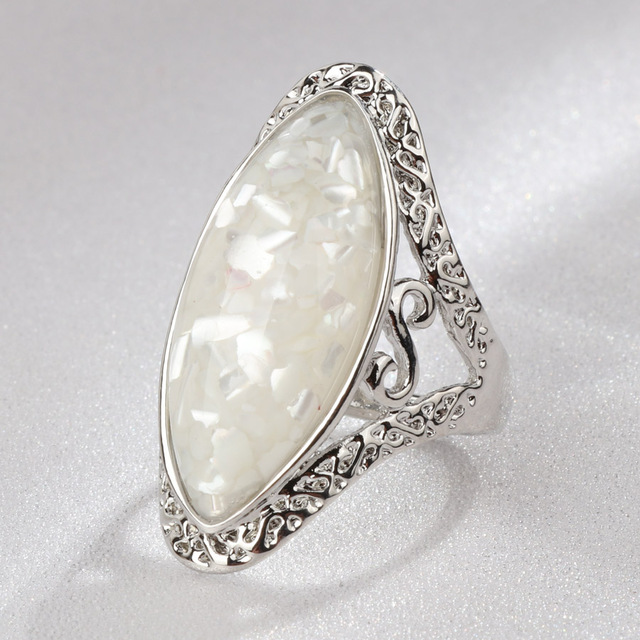 Kinel-Anillos ovalados grandes de plata tibetana para mujer, joyería Vintage, estilo bohemio, para vacaciones en la playa, color verde: 10 / Blanco