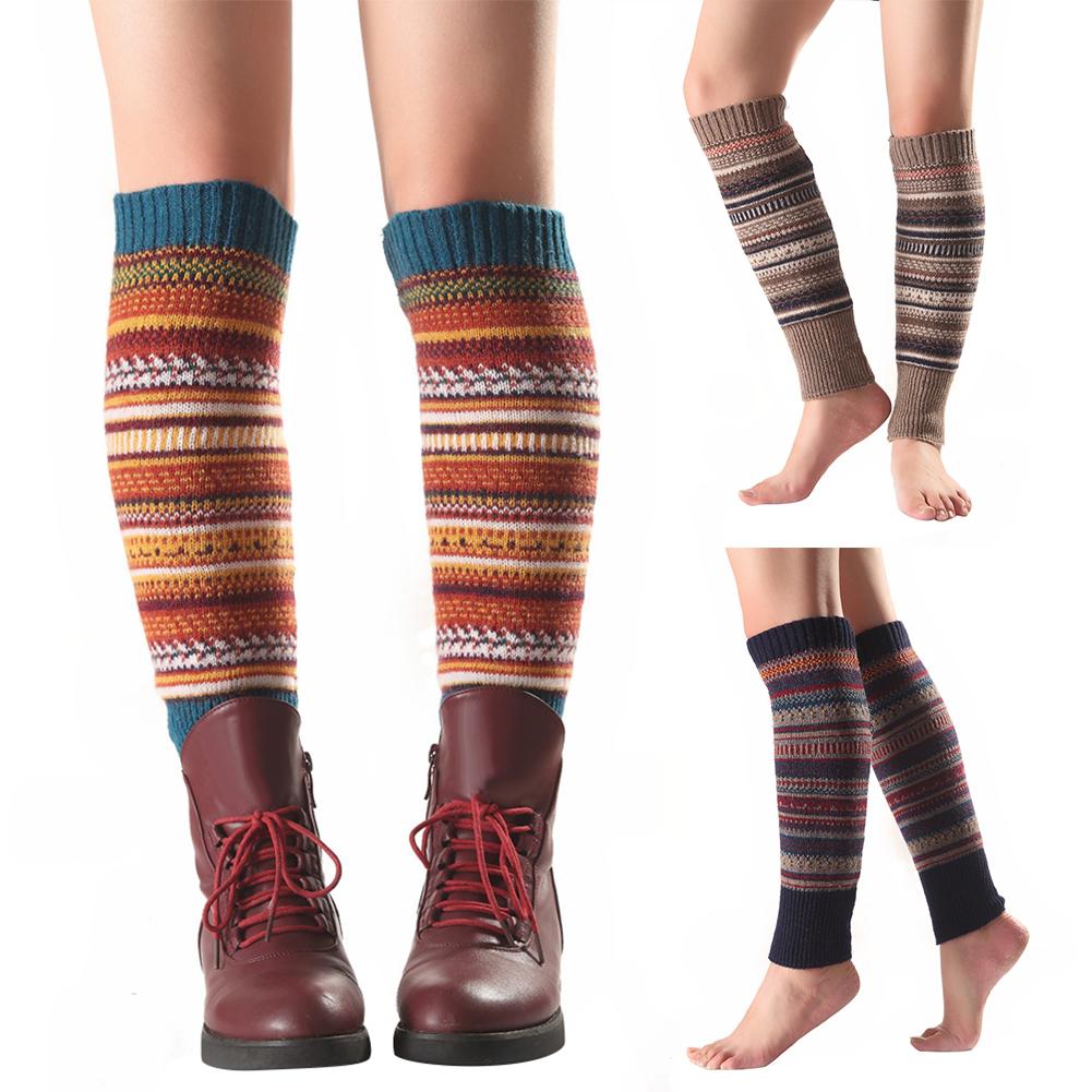 Women Striped Knitted Leg Warmers Winter Footless Knee High Boot Socks
