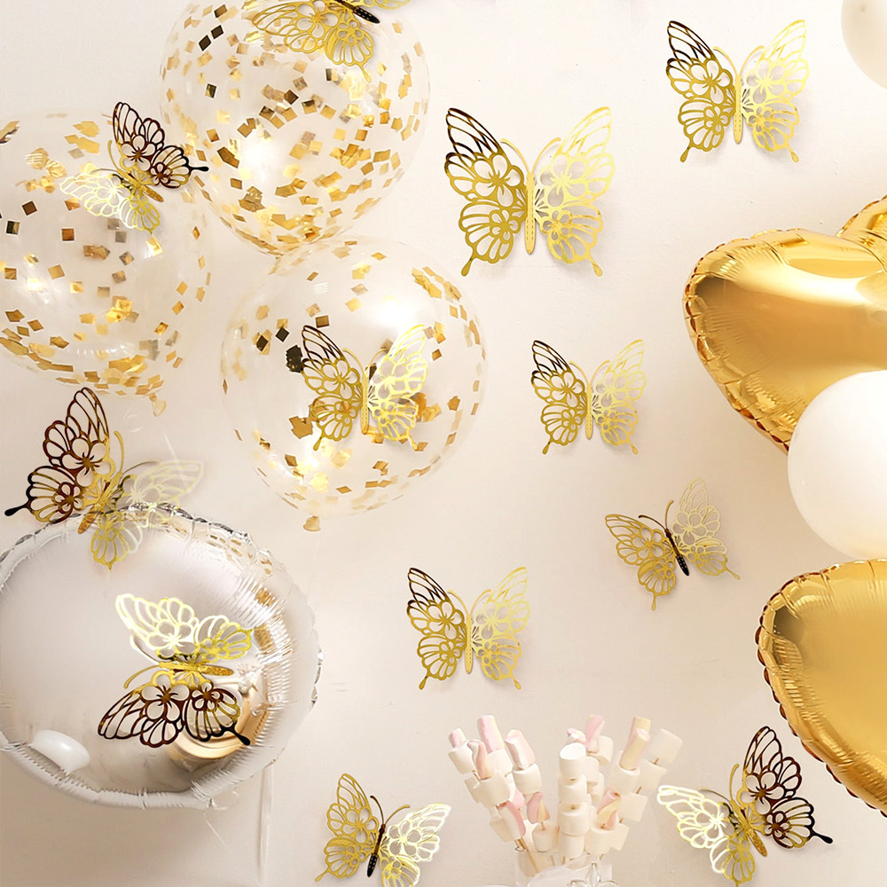 12 Pcs Gold 3D Hollow Butterfly Wall Sticker For Wedding Decoration Decals Living Room Home Decor Butterflies Garden Stickers