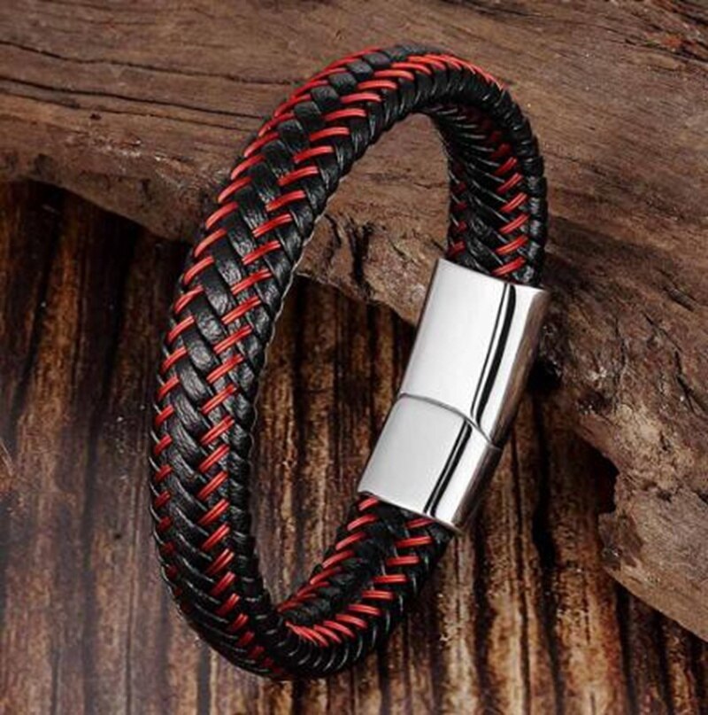 Men Jewelry Red Braided Leather Rope Bracelet Black Magnetic Buckle Bracelets For Men: silver