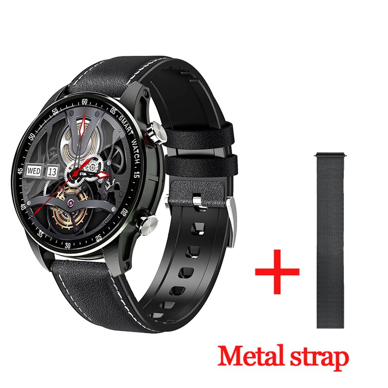 Ugumo smart watch  ip68 vattentät smartwatch bt samtalssvar temperatur pulsmätare blodtrycksurband: Läder metall strp