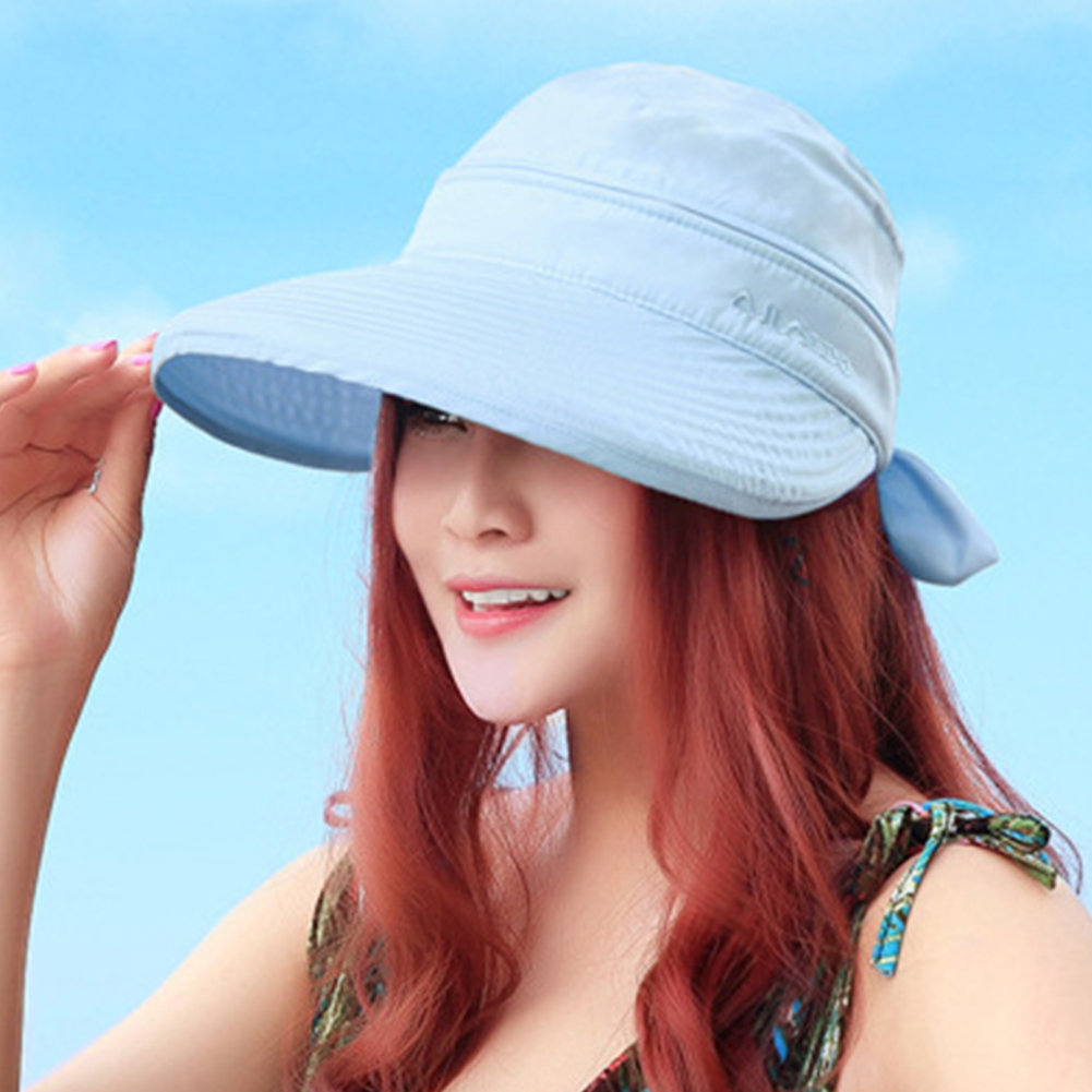 Sombrero de sol unicolor para mujer, viseras de verano a la , práctico gorro plegable con lazo de estilo coreano para viajes al aire libre: Azul
