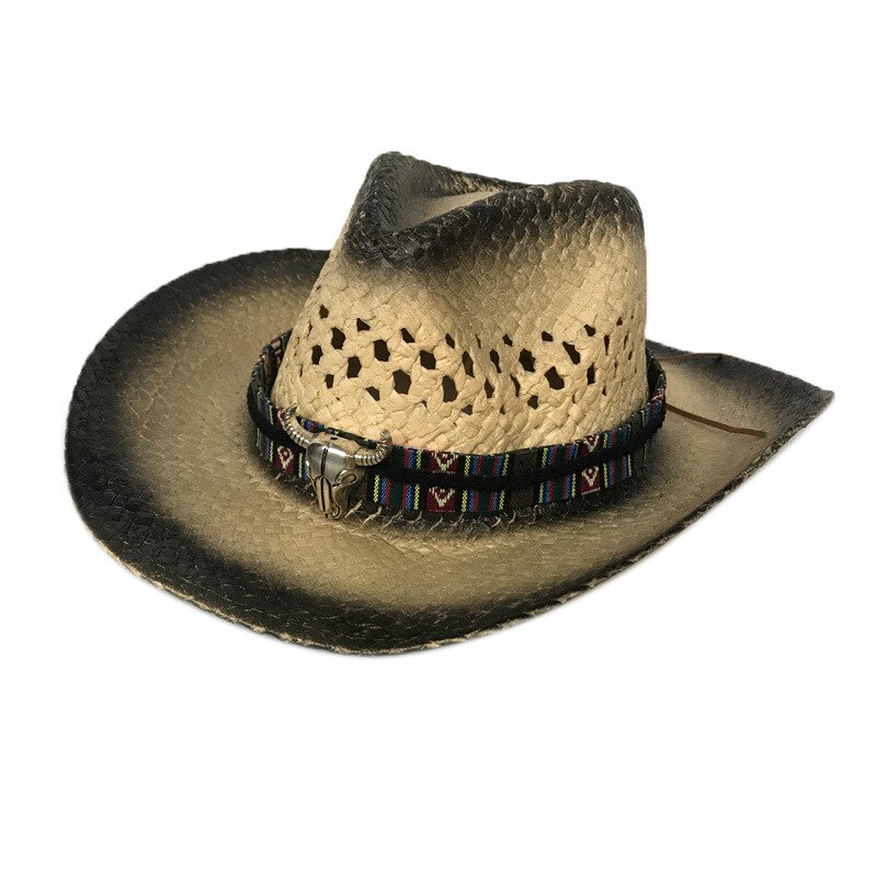 Sommer mænd håndlavning raffia hule cowboy hat med punk reb kvinder western bred krøllet rand cap solbeskyttelse unisex hatte: 2