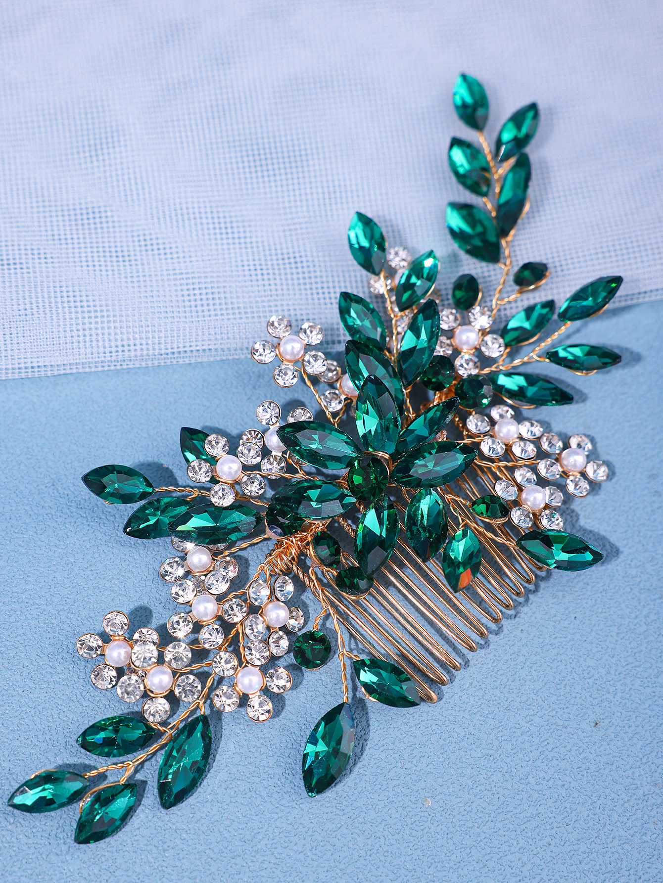 Peinetas para el pelo de novia con flores de cristal y perlas, joyería para el cabello con diamantes de imitación, accesorios de boda, Tiara nupcial, diadema, tocado de perlas para graduación: Verde