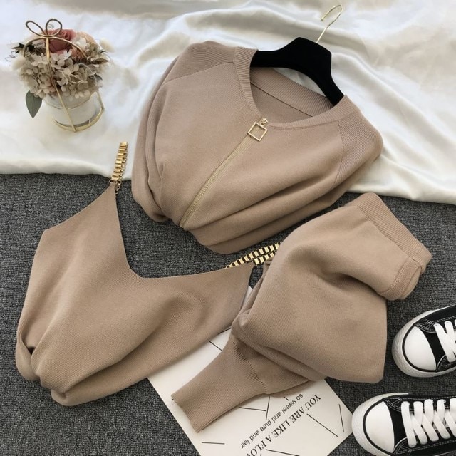 Mode Vrouwen Pak Herfst Zoete Temperament Keten Vest Gebreide Casual Jas + Drie Stuk Elastische Broek